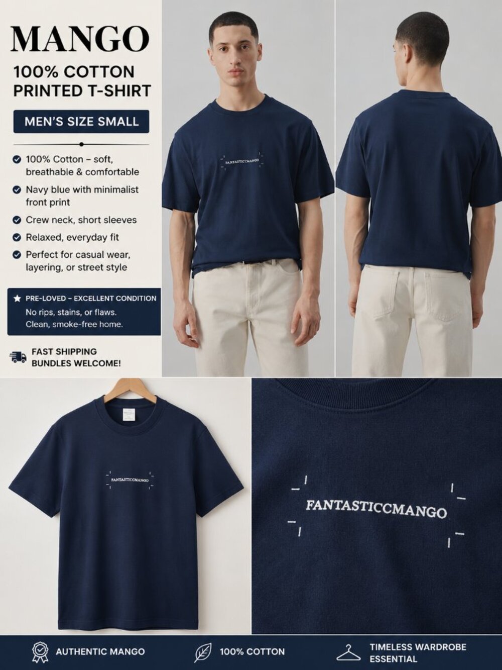 NWT Mango 100% Cotton Printed Graphic T-Shirt Navy Blue Men's Size Small